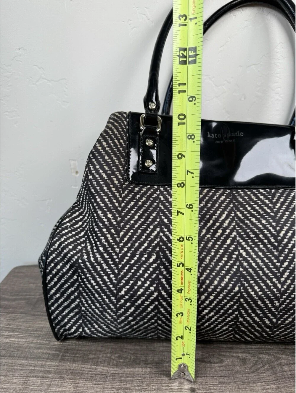Kate Spade New York Black White Anisha Tote Patent Leather Nylon Chevron Handbag